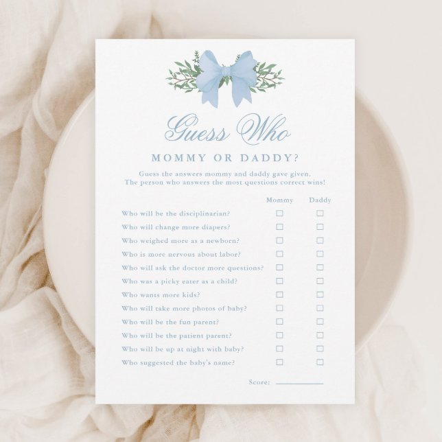 Convites Jogo de Chuvinha de Bebê Quem É Elegante com Laço  (Elegant Blue Bow Guess Who Baby Shower Mommy or Daddy Games.)