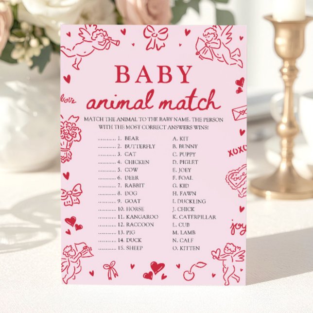 Convites Jogo de Correspondência de Animais Bebês Desenhado (Pink Hand Drawn Baby Animal Match Baby Shower Game)