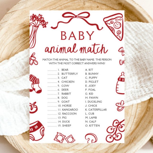 Convites Jogo de Correspondência de Bebês Animais Desenhado (Red Hand Drawn Baby Animal Match Baby Shower Game)