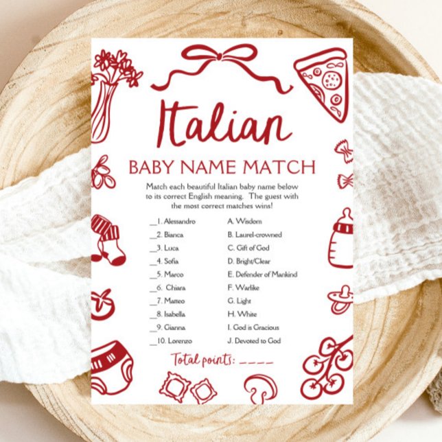 Convites Jogo de Correspondência de Nomes de Bebê Italianos (Red Italian Baby Name Match Baby Shower Game)