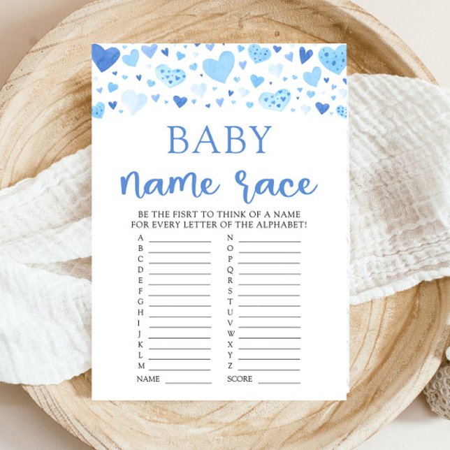 Convites Jogo de corrida de nomes de bebê Blue Valentine Ba (Watercolor Cute Blue Hearts Valentine Sweetheart February Boy Baby Name Race Baby Baby Shower Game)