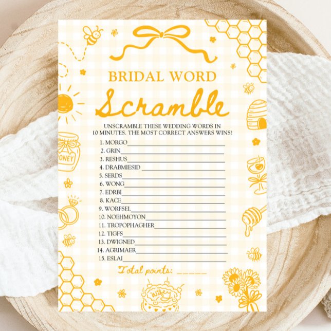 Convites Jogo de Desembaralhar Palavras de Noiva Abelha Mel (Yellow Gingham Honey Bee Bridal Word Scramble Game)