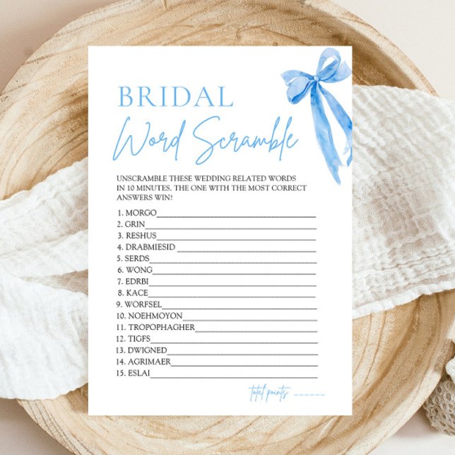 Convites Jogo de Desembaralhar Palavras de Noiva com Laço A (Modern Elegant Watercolor Dusty Blue Bow Bridal Word Scramble Game)