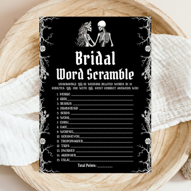 Convites Jogo de Desenho de Negra (Black Halloween Skeleton Bridal Word Scramble Game)
