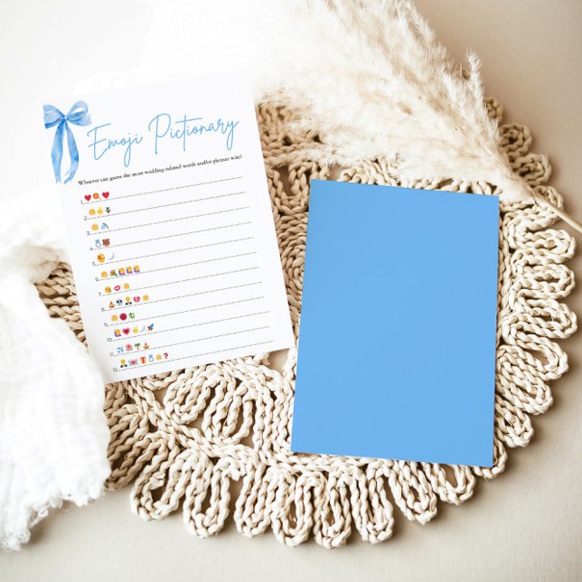 Convites Jogo de Imagem Emoji do Chá de panela Azul Dusty (Modern Watercolor Dusty Blue Bow Bridal Shower Emoji Pictionary Game)