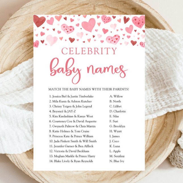 Convites Jogo de Nome do Bebê para a Celebridade do Namorad (Watercolor Pink Red Hearts Valentine Little Sweetheart Girl Celebrity Baby Names Baby Shower Game)