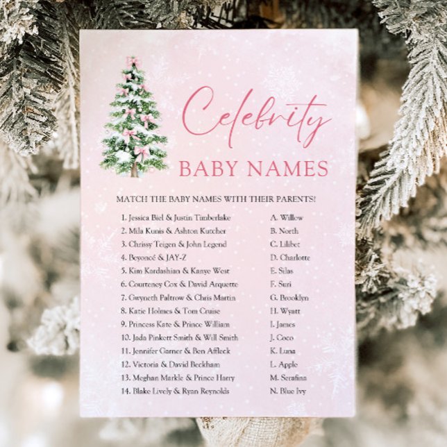 Convites Jogo de Nomes de Bebês de Celebridades da Árvore d (Pink Bows Christmas Tree Celebrity Baby Name Game)