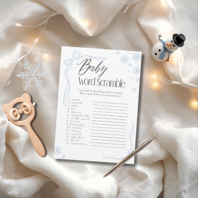 Convites Jogo de Palavras de Bebê, Arco Azul, Frosty (Frosty Blue Bow Baby Word Scramble Game)