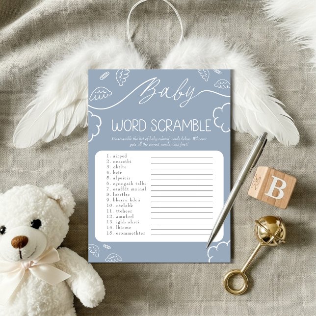 Convites Jogo de Palavras Desembaralha Bebê Céu Azul (Heavenly Blue Baby Word Scramble Game )