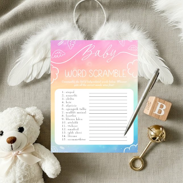 Convites Jogo de Palavras Desembaralhadas Bebê Arco-íris Ce (Heavenly Rainbow Baby Word Scramble Game)