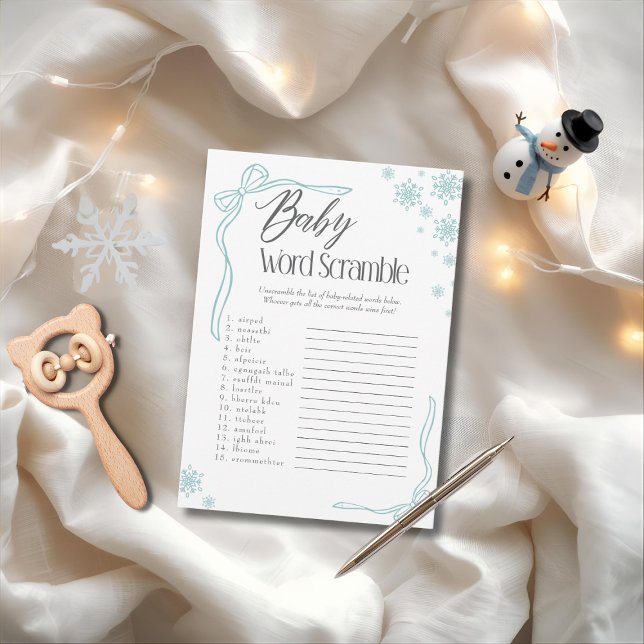 Convites Jogo de Palavras Desordenadas Bebê Arco Verde Neve (Frosty green Bow Baby Word Scramble Game)