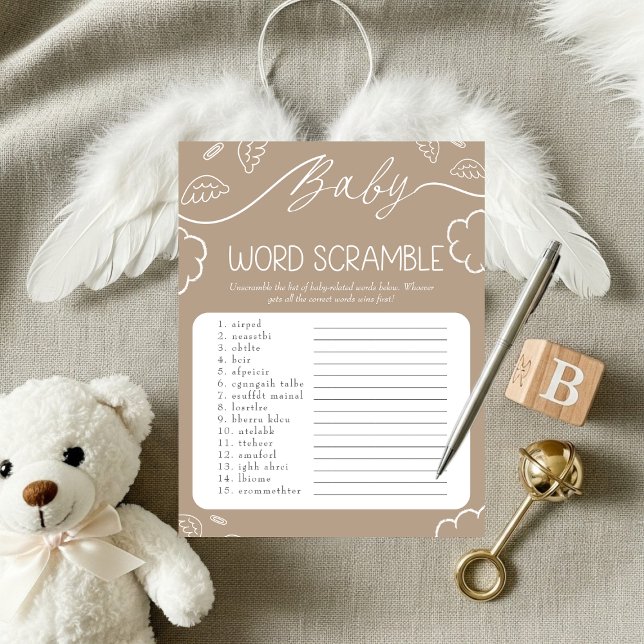 Convites Jogo de Palavras Desordenadas Bebê Bege Celestial (Heavenly pink Baby Word Scramble Game)