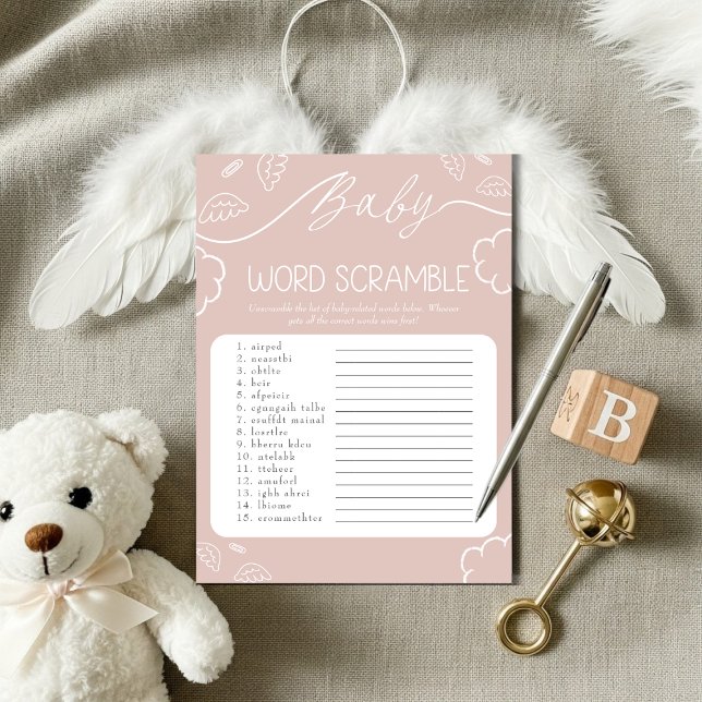 Convites Jogo de Palavras Desordenadas Bebê Rosa Celestial (Heavenly pink Baby Word Scramble Game)