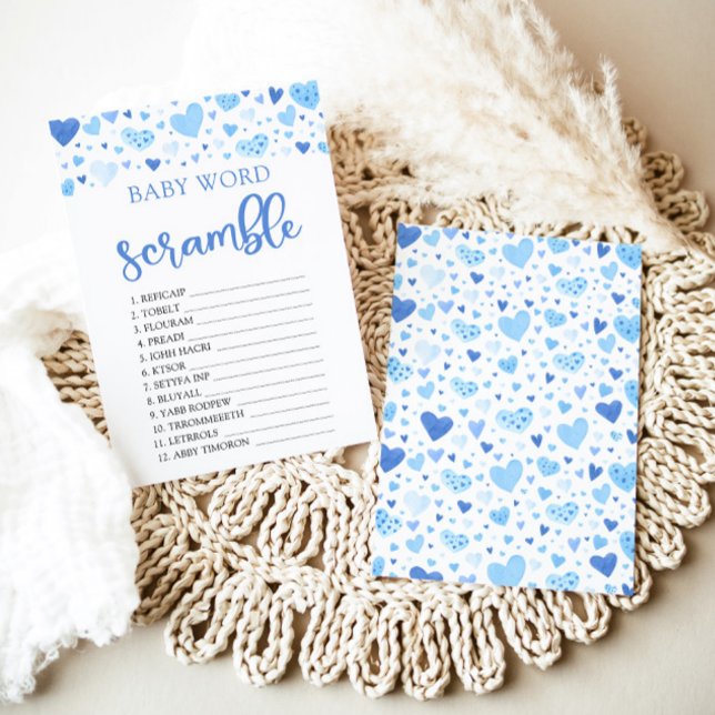 Convites Jogo de Palavras Desordenadas Blue Hearts Valentin (Watercolor Cute Blue Hearts Valentine Sweetheart February Boy Baby Word Scramble Baby Shower Game)