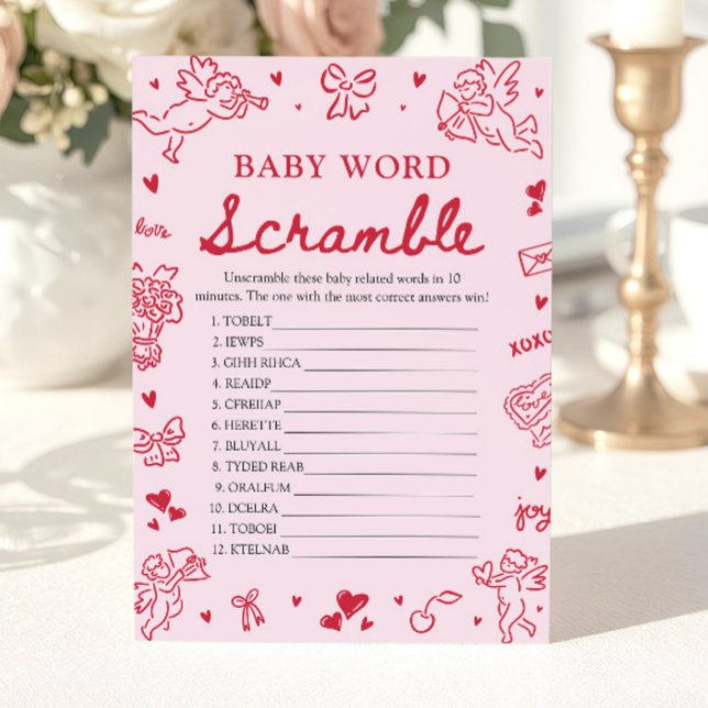Convites Jogo de Palavras Desordenadas de Bebê no Dia dos N (Pink Hand Drawn Valentine Baby Word Scramble Game)