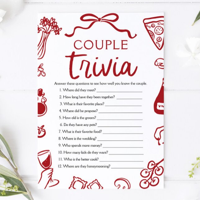 Convites Jogo de perguntas e respostas para chá de noiva: c (Italian Pizza Couple Trivia Bridal Shower Game)