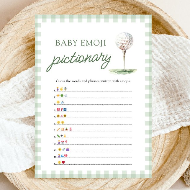 Convites Jogo de Pictionary com Emoji de Bebê de Golfe com  (Sage Green Gingham Golf Baby Emoji Pictionary Game)