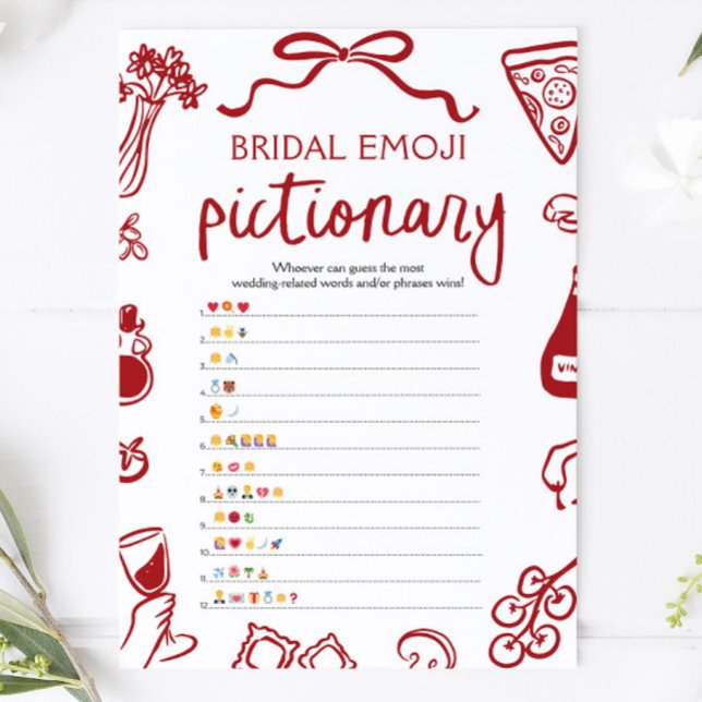 Convites Jogo de Pictionary com Emoji de Chuveiro de Noiva  (Red Hand Drawn Bridal Shower Emoji Pictionary Game)