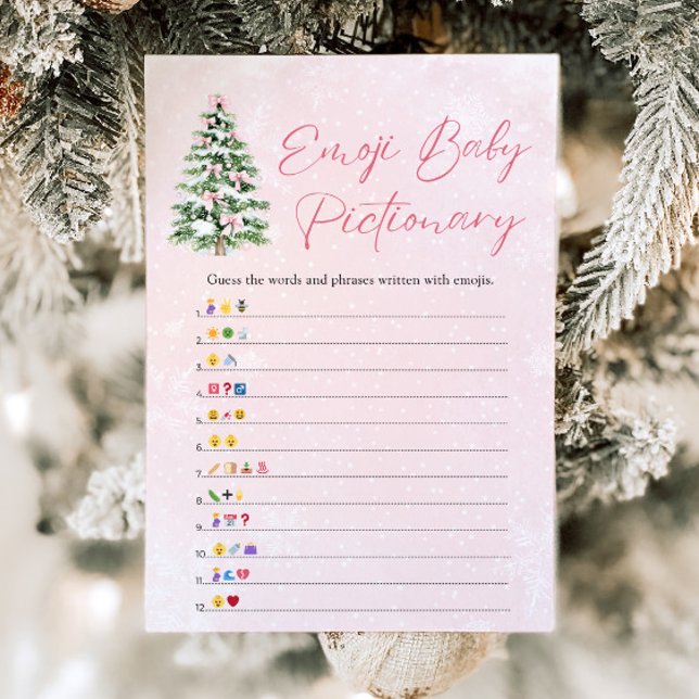 Convites Jogo de Pictionary de Bebê Emoji Árvore de Natal c (Pink Bows Christmas Tree Baby Emoji Pictionary Game)