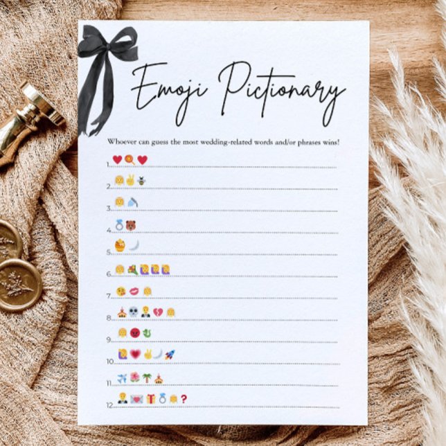 Convites Jogo de Pictionary de Chuva de Presentes de Noiva  (Black Bow Bridal Shower Emoji Pictionary Game)