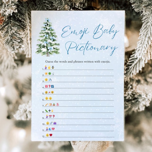 Convites Jogo de Pictionary de Emoji de Bebê com Árvore de  (Blue Bows Christmas Tree Baby Emoji Pictionary Game)