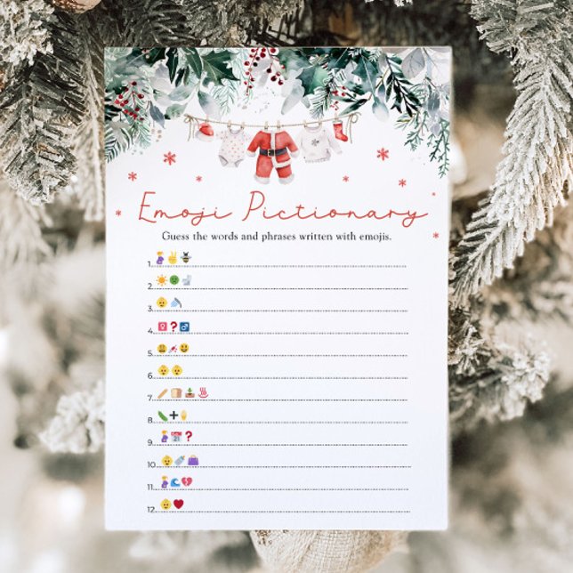 Convites Jogo de Pictionary de Emoji de Natal Vermelho Sant (Watercolor Christmas Red Santa Baby Shower Emoji Pictionary Game)