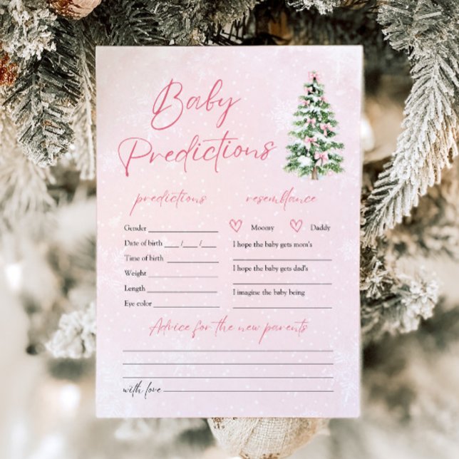 Convites Jogo de Previsão de Bebê da Árvore de Natal com La (Pink Bows Christmas Tree Baby Snow Prediction Game)