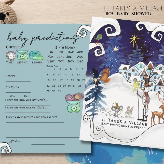 Convites Jogo de Previsão para Bebê Azul Gelo da Aldeia  (It Takes a Village Ice Blue Baby Prediction Game Invitation)