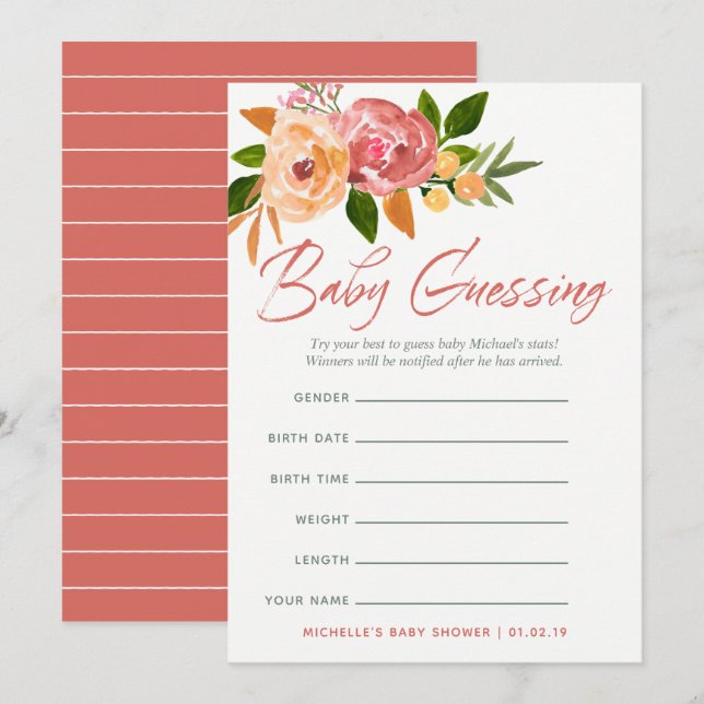 Convites Jogo de Previsões de Bebê com Aquarela de Flores S (Frente/Verso)