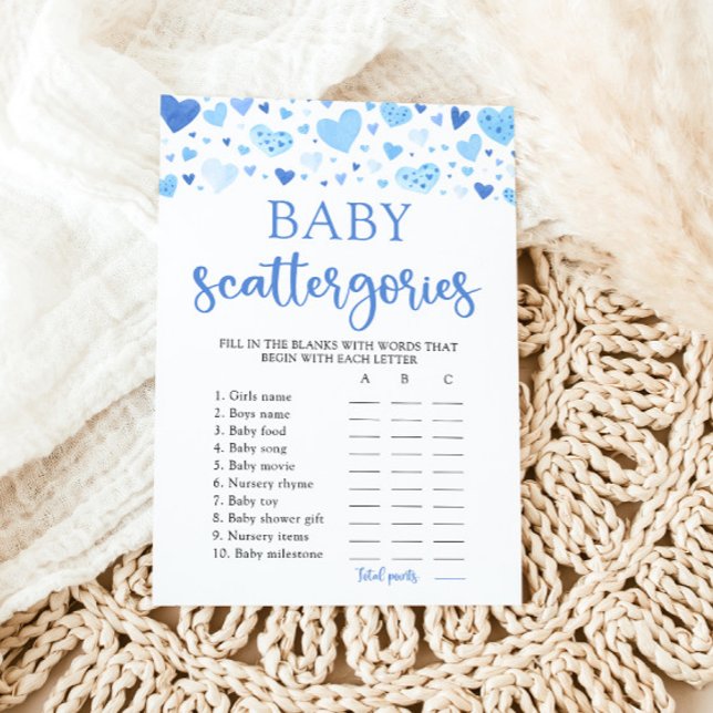 Convites Jogo de Scattegories para Chá de Bebê Blue Valenti (Watercolor Cute Blue Hearts Valentine Sweetheart February Boy Baby Scattegories Baby Shower Game)