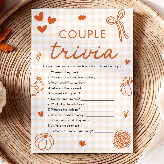 Convites Jogo de Trivia de Casal de Arco de Outono Laranja  (Orange Fall Bow Couple Trivia Bridal Shower Game)