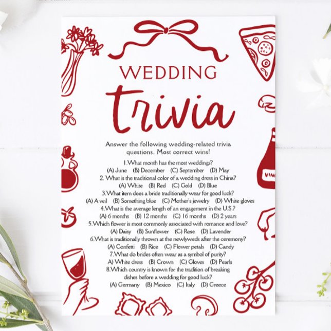 Convites Jogo de Trivia de Casamento de Pizza Desenhada à M (Hand Drawn Pizza Wedding Trivia Bridal Shower Game)