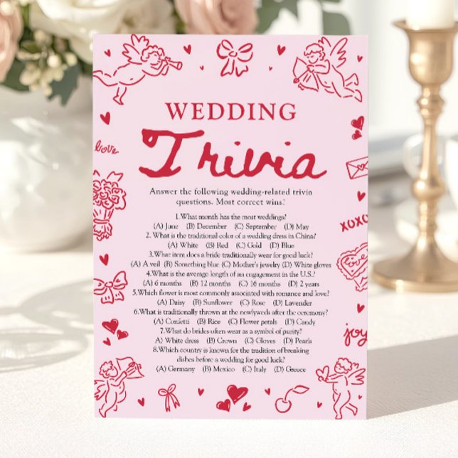 Convites Jogo de Trivia de Casamento Desenhado à Mão Rosa p (Pink Hand Drawn Wedding Trivia Bridal Shower Game)