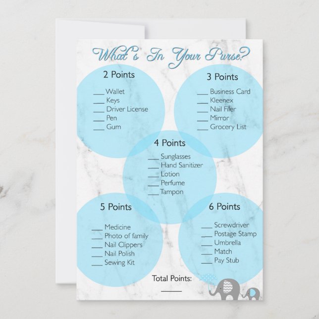 Convites Jogo do chá de fraldas "O que tem na sua bolsa?" (Frente)