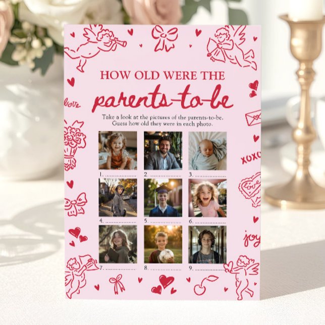 Convites Jogo do Dia dos Namorados Rosa Quantos Anos Tinham (Pink Hand Drawn Baby Shower How Old Were They Game)