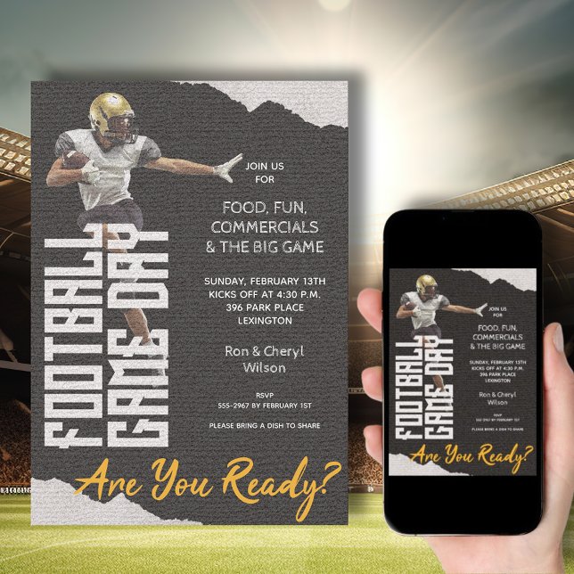 Convites Jogo do jogador de futebol preto (American Football Player on Black Bowl Game Invitations - order INSTANT DOWNLOAD, PRINTED or both!)