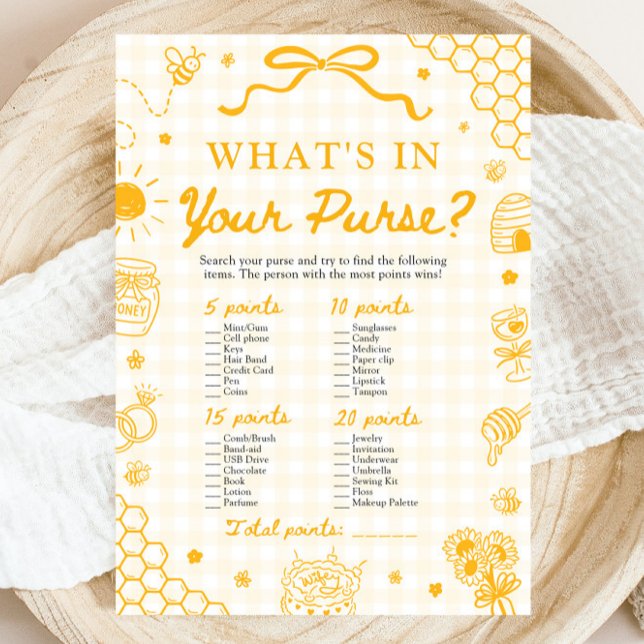 Convites Jogo do Que Está na Sua Bolsa Abelha Mel Gingham A (Yellow Gingham Honey Bee What's In Your Purse Game)