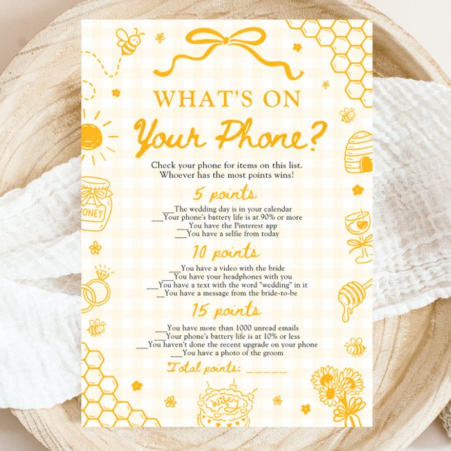 Convites Jogo do Que Está no Seu Telefone Abelha Mel Gingha (Yellow Gingham Honey Bee What's on Your Phone Game)