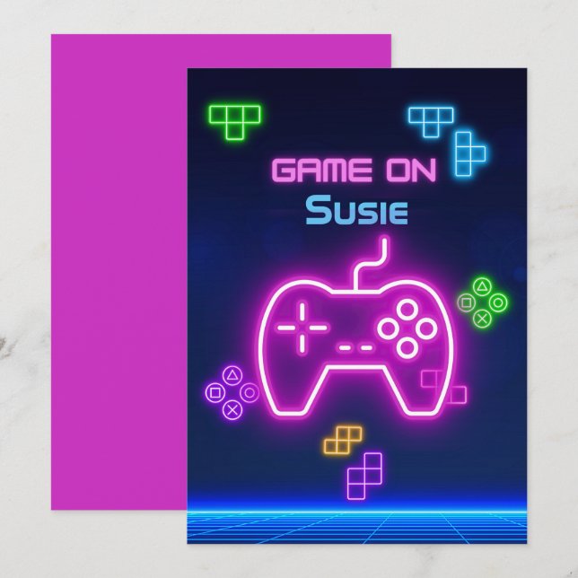 Convites Jogo em vídeo neon gamer verde, rosa, azul (Frente/Verso)