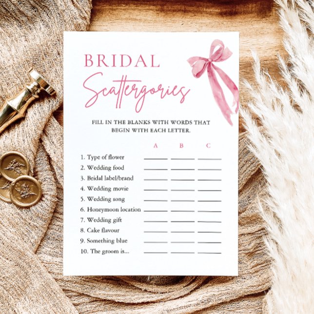 Convites Jogo Escateternidades de Brida do Arco Cor-de-Rosa (Elegant Blush Pink Bow Bridal Scattergories Game)