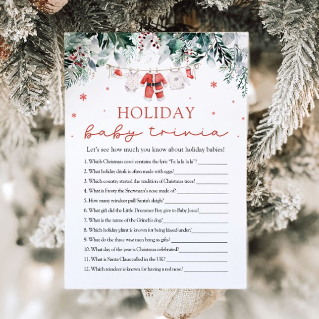 Convites Jogo Feriado de Bebê de Papais noeis Vermelhos - J (Watercolor Red Santa Baby Shower Holiday Baby Trivia Game)