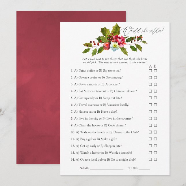 Convites Jogo Floral Holly Natal para Chá de Noiva (Frente/Verso)