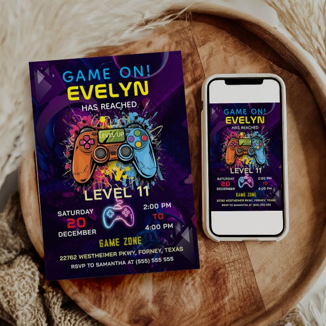 Convites Jogo Ligado Nível Aumentado Vídeo Bolo de Aniversá (Criador carregado)