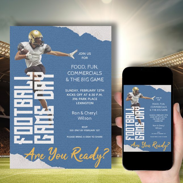 Convites Jogo no Jogador de Futebol de Azul (American Football Player on Blue Bowl Game Invitations - order INSTANT DOWNLOAD, PRINTED or both!)