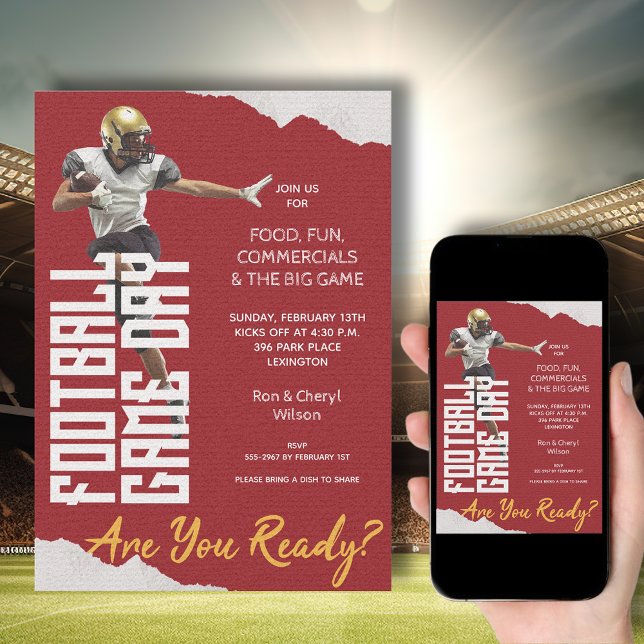 Convites Jogo no Jogador de Futebol em Vermelho (American Football Player on Red Bowl Game Invitations - order INSTANT DOWNLOAD, PRINTED or both!)