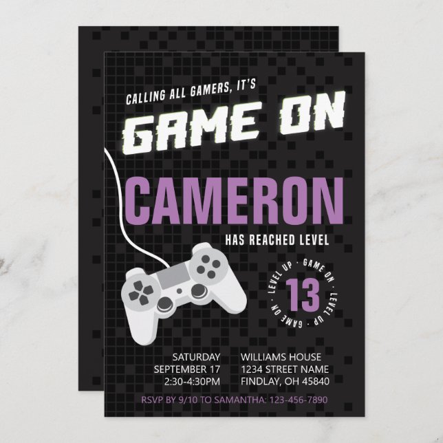 Convites Jogo No Jogo Roxo Neon, Qualquer Festa de aniversá (Frente/Verso)