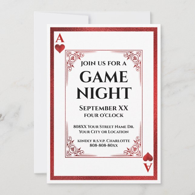 Convites Jogo Noturno Carta de Baralho Ás de Copas (Frente)