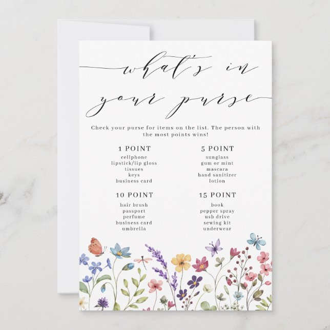 Convites Jogo O que está na sua Bolsa de Primavera Floral (Frente)