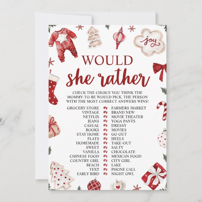 Convites Jogo para Chá de Bebê 'Would She Rather' de Natal  (Frente)