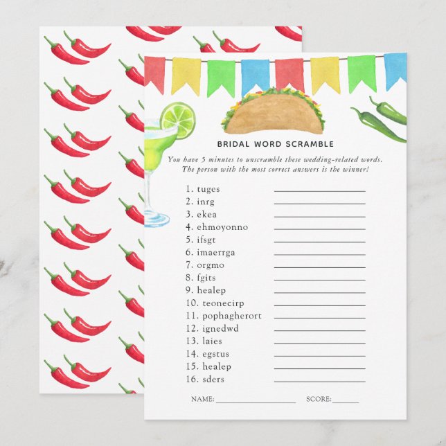 Convites Jogo para Chá de Noiva com Tema de Taco Fiesta Mex (Frente/Verso)